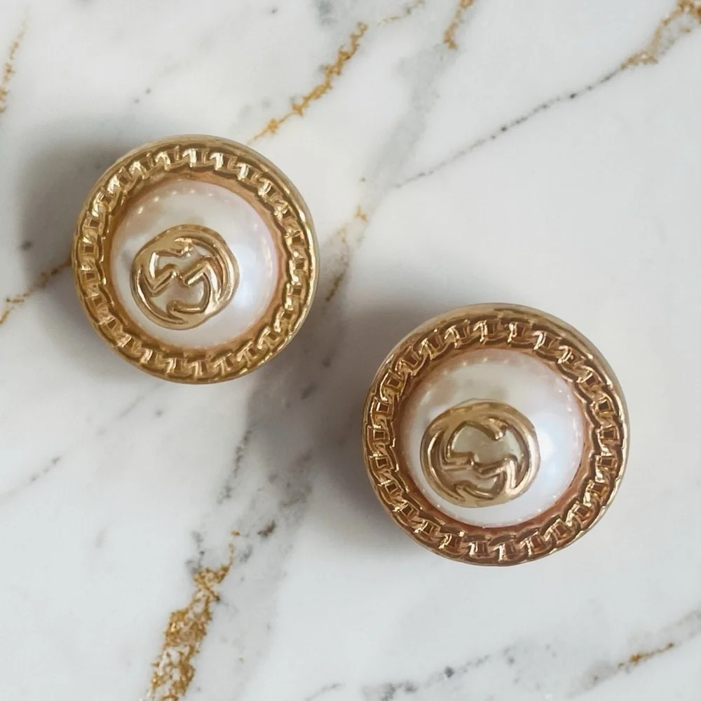 Luxury Faux Pearl/Gold Upcycled Logo Button Earrings 20mm